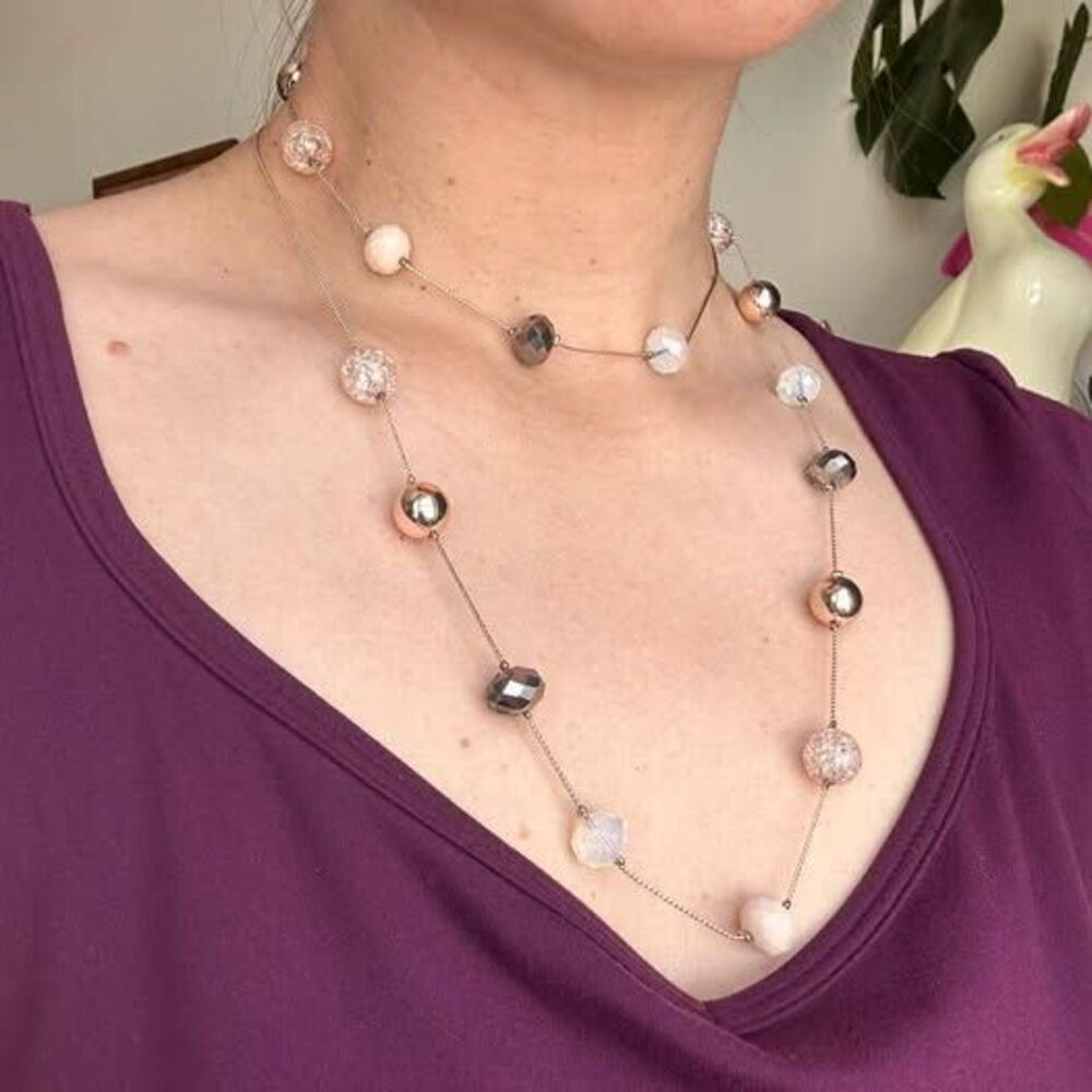 Lovisa Long Station Necklace Rose Gold-Tone Chain Faceted Crystal Crackle Glass